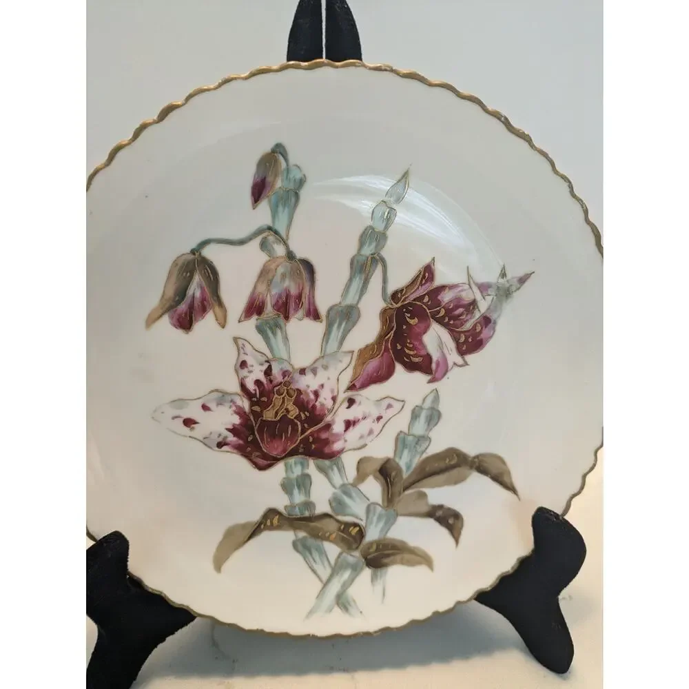Asian Dish 8 Inch Red And Gold Floral Print Gold Scalloped Edges.